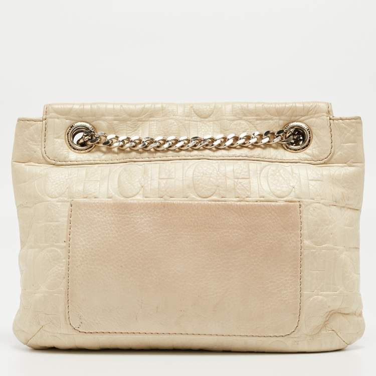 Pre Owned CH Carolina Herrera Beige Monogram Embossed Leather Audrey Shoulder Bag