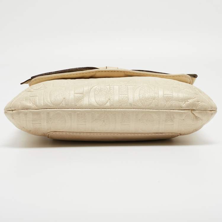 Pre Owned CH Carolina Herrera Beige Monogram Embossed Leather Audrey Shoulder Bag