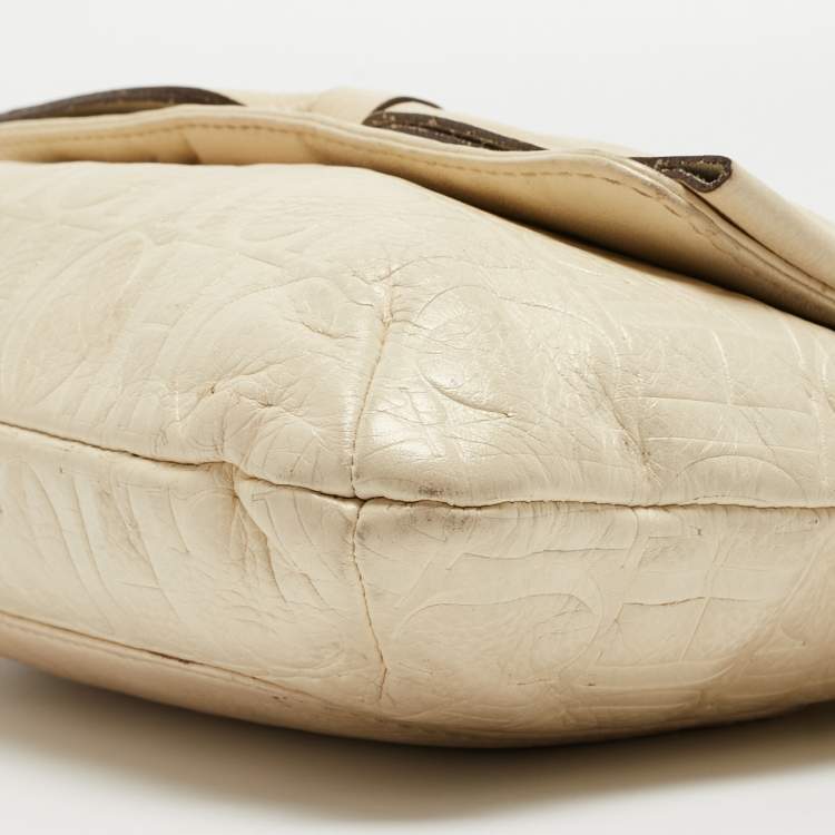 Pre Owned CH Carolina Herrera Beige Monogram Embossed Leather Audrey Shoulder Bag