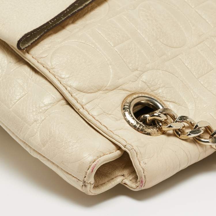 Pre Owned CH Carolina Herrera Beige Monogram Embossed Leather Audrey Shoulder Bag