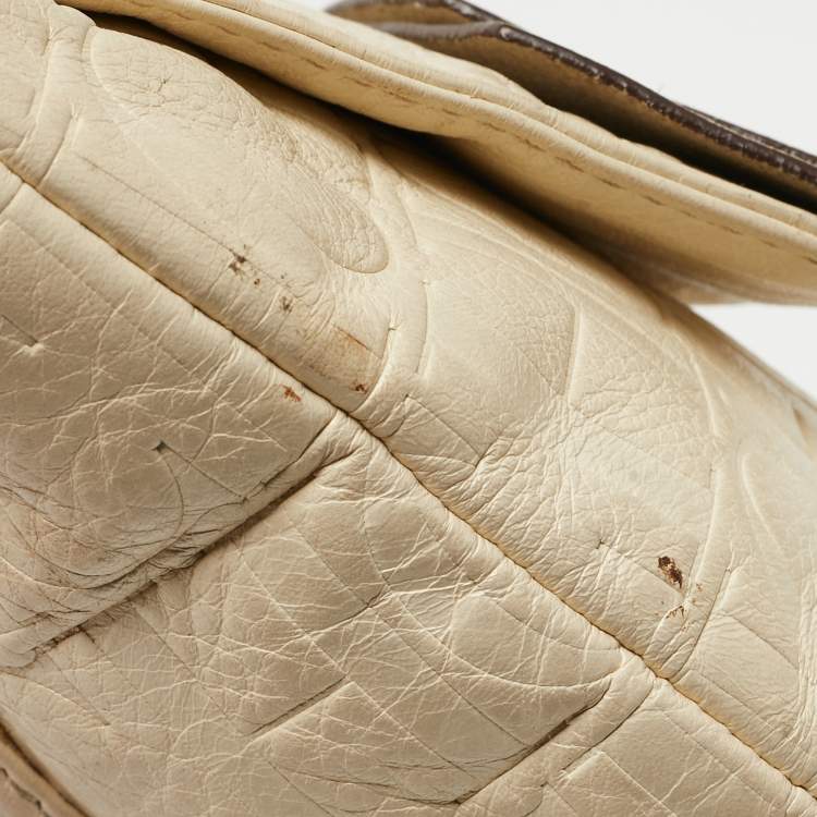 Pre Owned CH Carolina Herrera Beige Monogram Embossed Leather Audrey Shoulder Bag