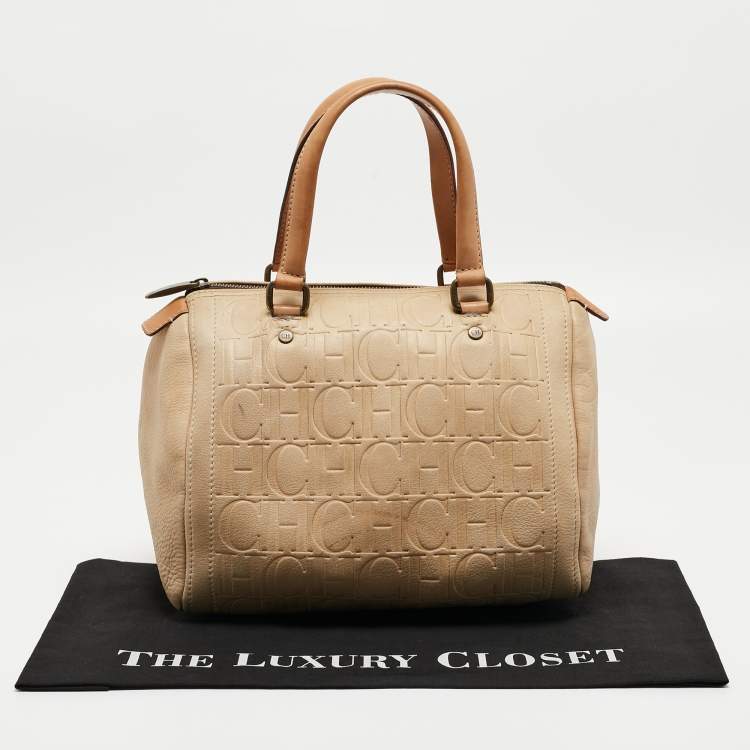 Pre Owned CH Carolina Herrera Beige Monogram Embossed Leather Andy Boston Bag