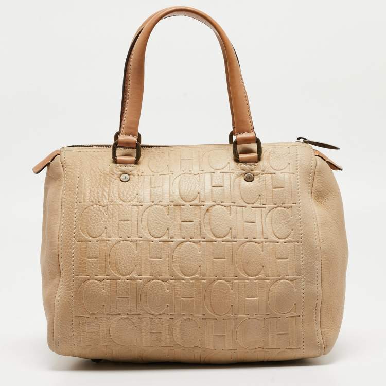 Pre Owned CH Carolina Herrera Beige Monogram Embossed Leather Andy Boston Bag