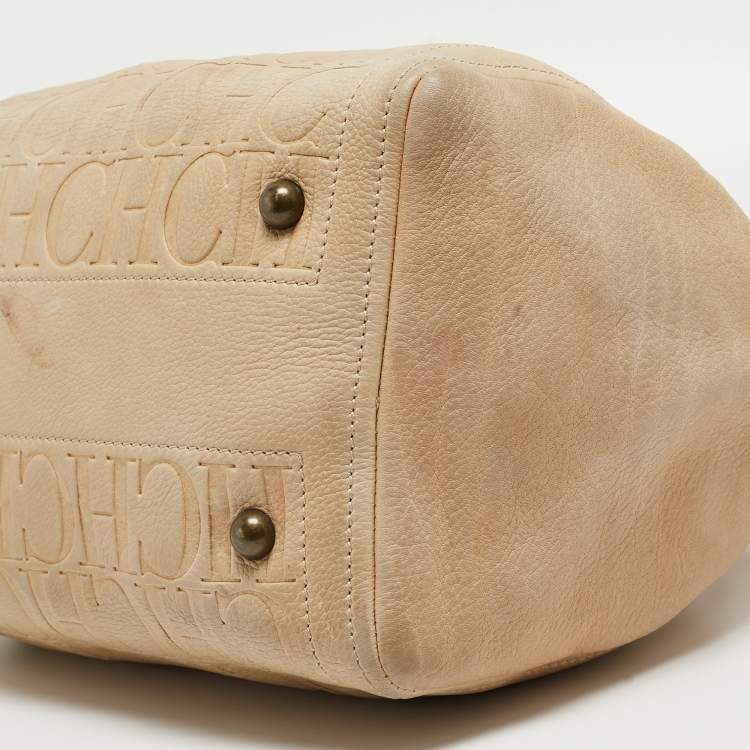 Pre Owned CH Carolina Herrera Beige Monogram Embossed Leather Andy Boston Bag