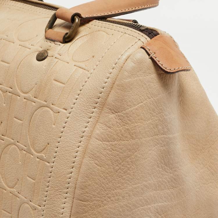 Pre Owned CH Carolina Herrera Beige Monogram Embossed Leather Andy Boston Bag