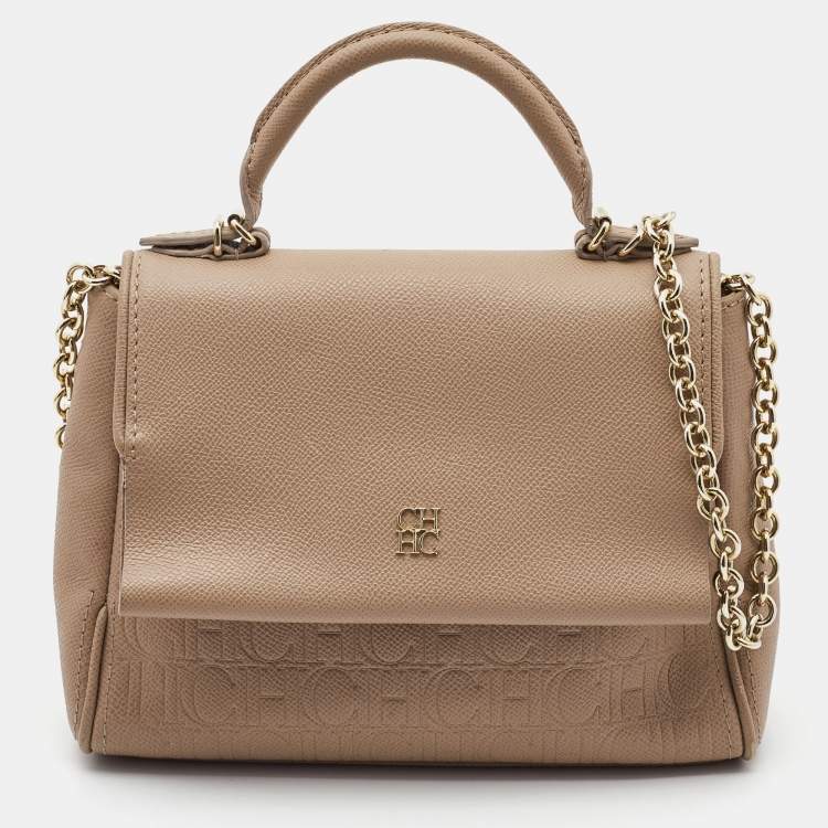 Pre Owned CH Carolina Herrera Beige Leather Small Minuetto Flap Top Handle Bag