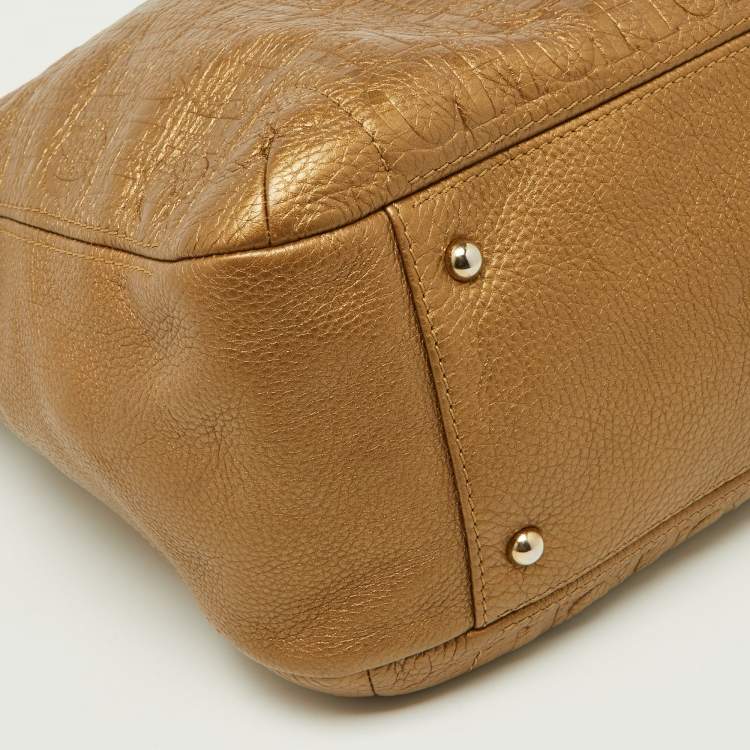 Pre Owned CH Carolina Herrera Gold Embossed Monogram Leather Chain Bow Hobo