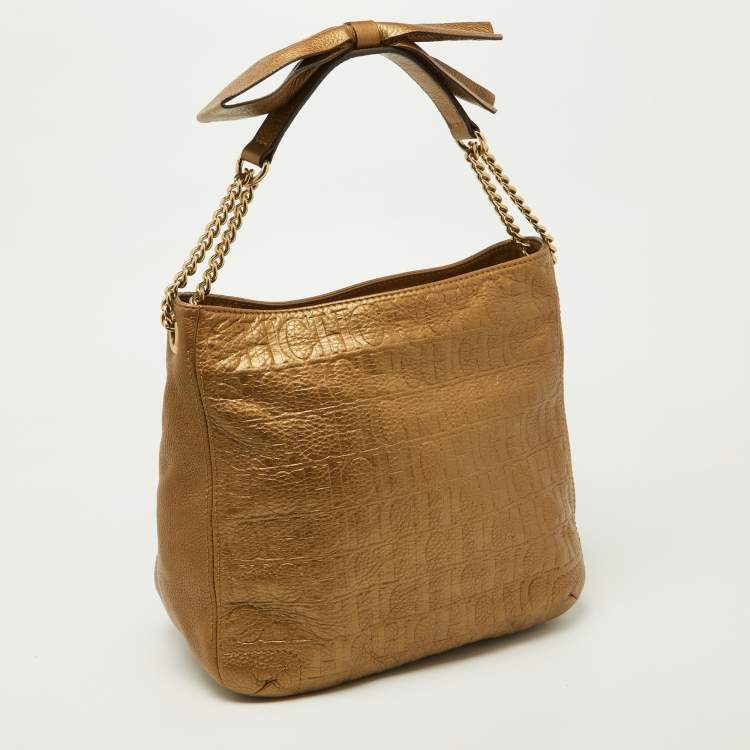 Pre Owned CH Carolina Herrera Gold Embossed Monogram Leather Chain Bow Hobo