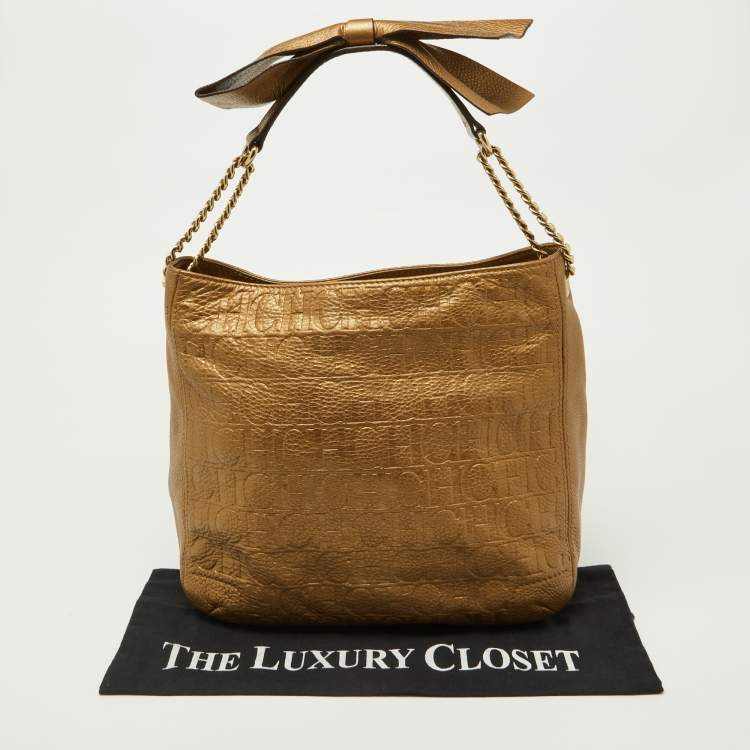 Pre Owned CH Carolina Herrera Gold Embossed Monogram Leather Chain Bow Hobo