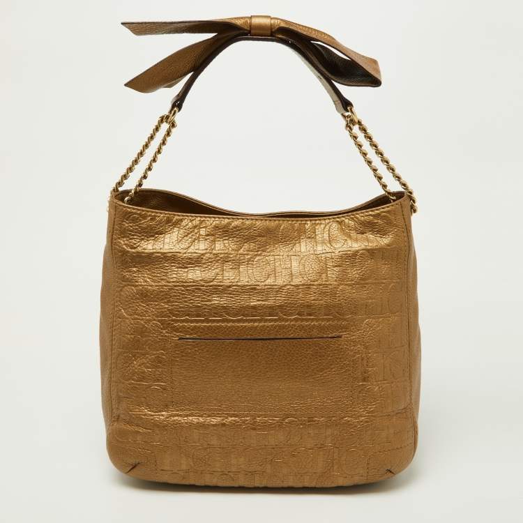 Pre Owned CH Carolina Herrera Gold Embossed Monogram Leather Chain Bow Hobo
