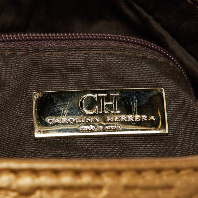 Pre Owned CH Carolina Herrera Gold Embossed Monogram Leather Chain Bow Hobo