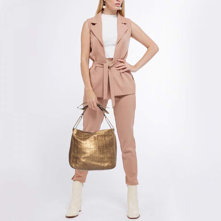 Pre Owned CH Carolina Herrera Gold Embossed Monogram Leather Chain Bow Hobo