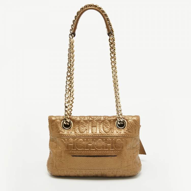 Pre Owned CH Carolina Herrera Gold Monogram Embossed Leather Audrey Crossbody Bag
