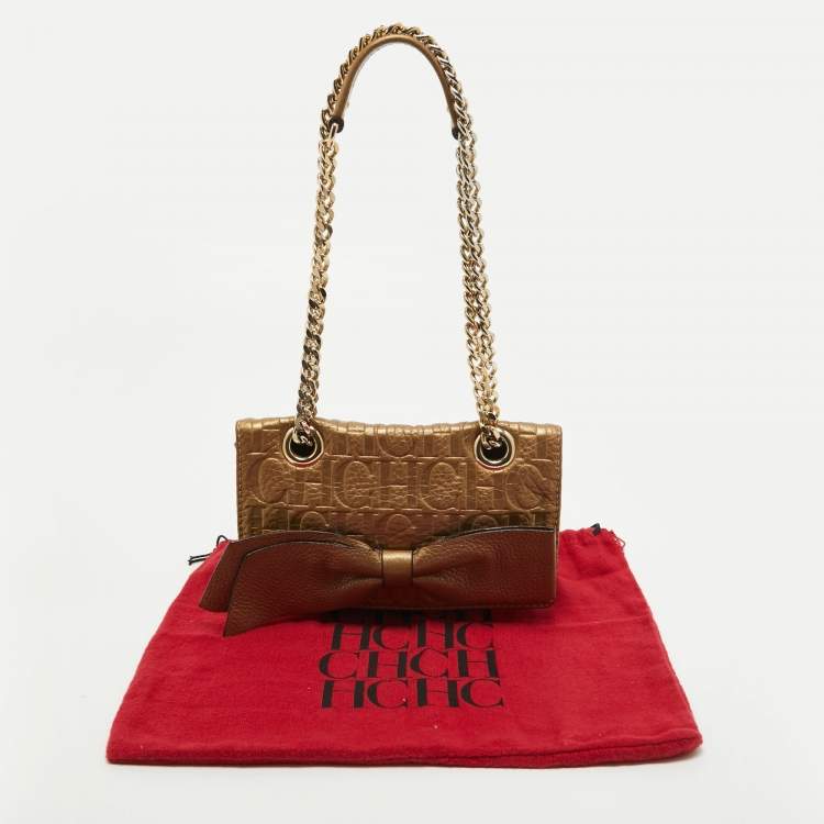 Pre Owned CH Carolina Herrera Gold Monogram Embossed Leather Audrey Crossbody Bag