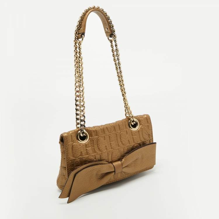 Pre Owned CH Carolina Herrera Gold Monogram Embossed Leather Audrey Crossbody Bag