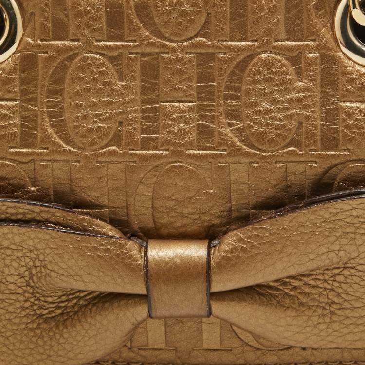 Pre Owned CH Carolina Herrera Gold Monogram Embossed Leather Audrey Crossbody Bag