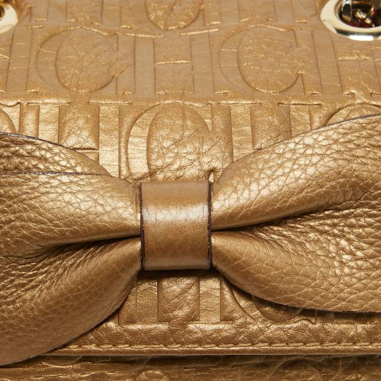 Pre Owned CH Carolina Herrera Gold Monogram Embossed Leather Audrey Crossbody Bag