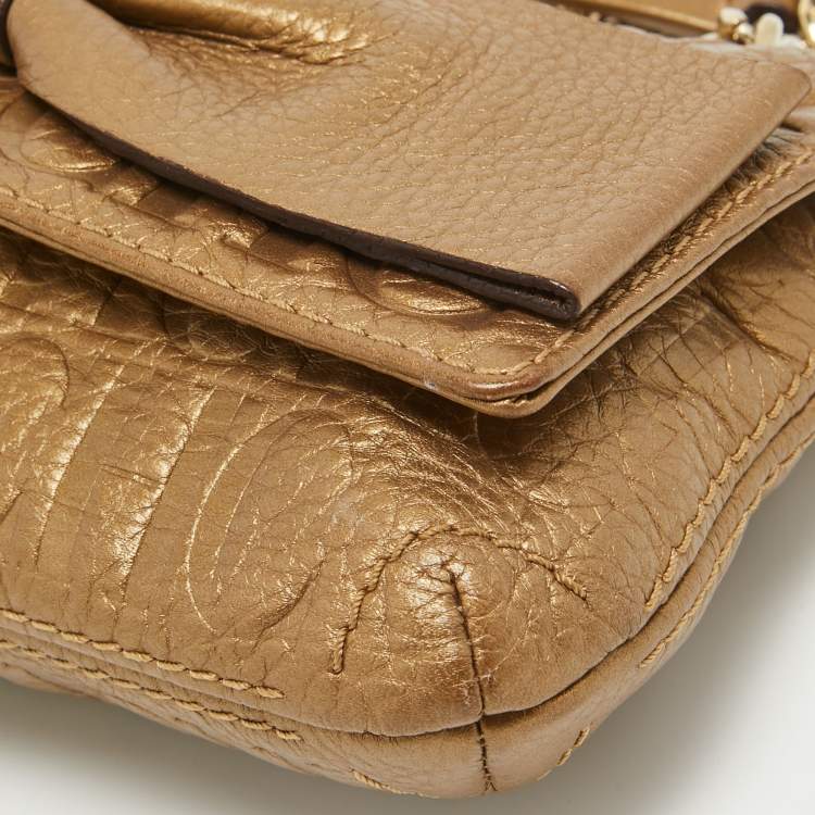Pre Owned CH Carolina Herrera Gold Monogram Embossed Leather Audrey Crossbody Bag