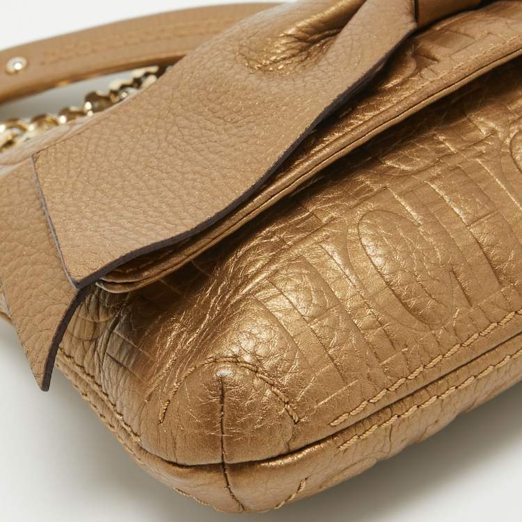 Pre Owned CH Carolina Herrera Gold Monogram Embossed Leather Audrey Crossbody Bag