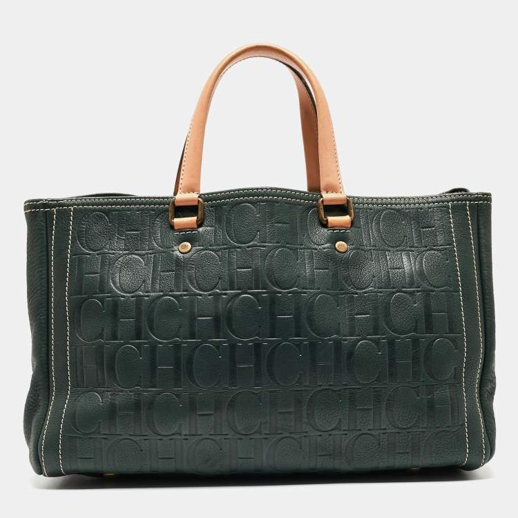 Pre Owned CH Carolina Herrera Dark Green Monogram Leather Andy Shopper Tote