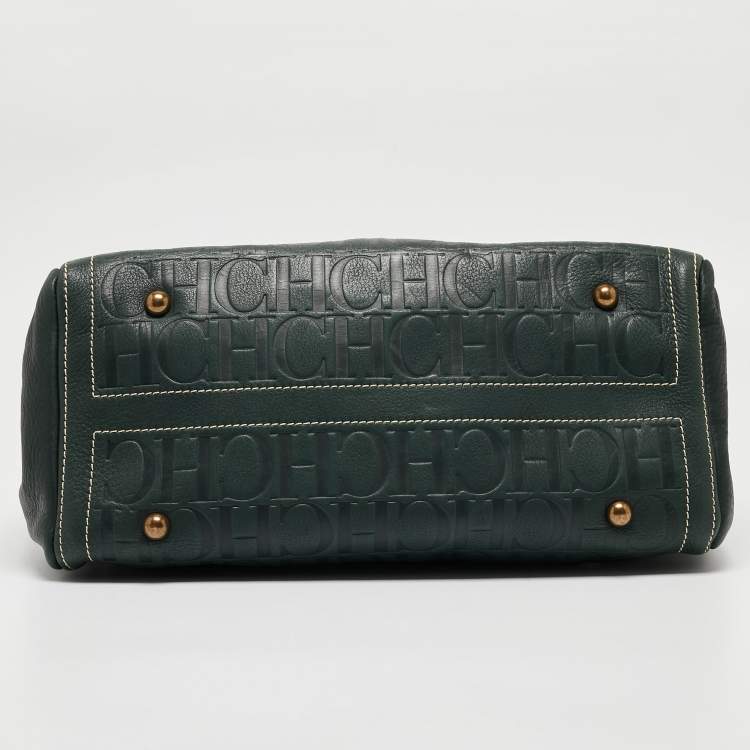 Pre Owned CH Carolina Herrera Dark Green Monogram Leather Andy Shopper Tote