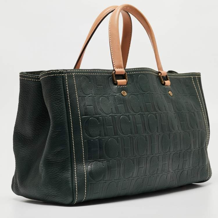 Pre Owned CH Carolina Herrera Dark Green Monogram Leather Andy Shopper Tote