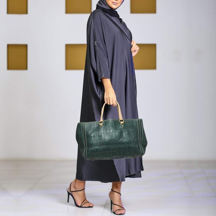 Pre Owned CH Carolina Herrera Dark Green Monogram Leather Andy Shopper Tote
