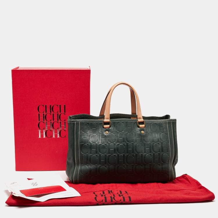 Pre Owned CH Carolina Herrera Dark Green Monogram Leather Andy Shopper Tote
