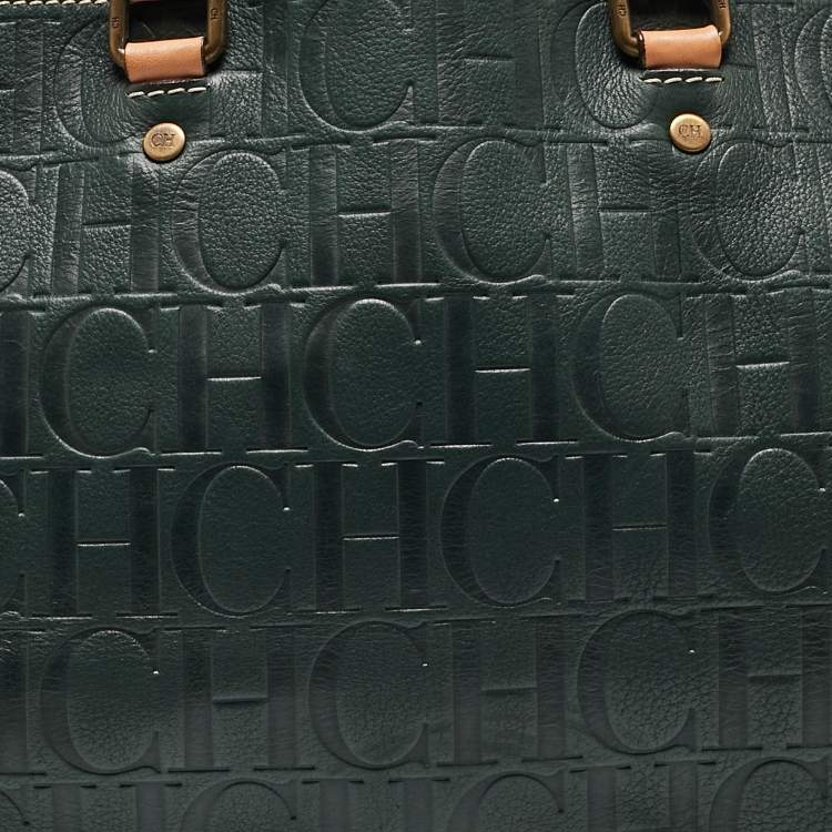 Pre Owned CH Carolina Herrera Dark Green Monogram Leather Andy Shopper Tote