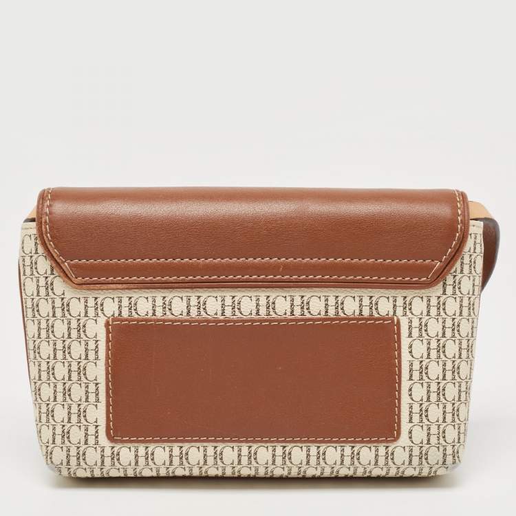 Pre Owned CH Carolina Herrera Brown/Off White Monogram Coated Canvas and Leather Crossbody Bag