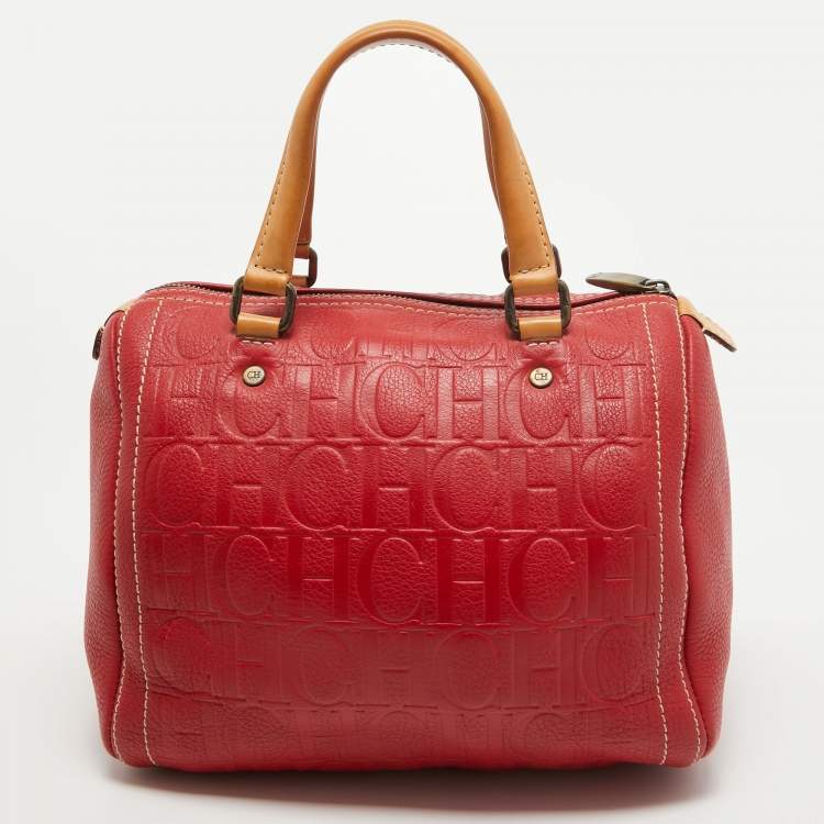 Pre Owned CH Carolina Herrera Red Monogram Embossed Leather Andy Boston Bag