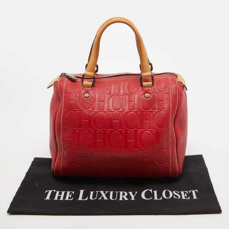 Pre Owned CH Carolina Herrera Red Monogram Embossed Leather Andy Boston Bag