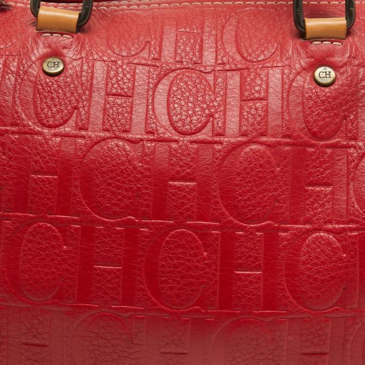 Pre Owned CH Carolina Herrera Red Monogram Embossed Leather Andy Boston Bag