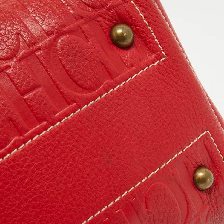 Pre Owned CH Carolina Herrera Red Monogram Embossed Leather Andy Boston Bag