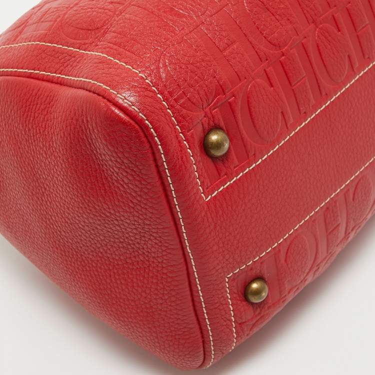 Pre Owned CH Carolina Herrera Red Monogram Embossed Leather Andy Boston Bag