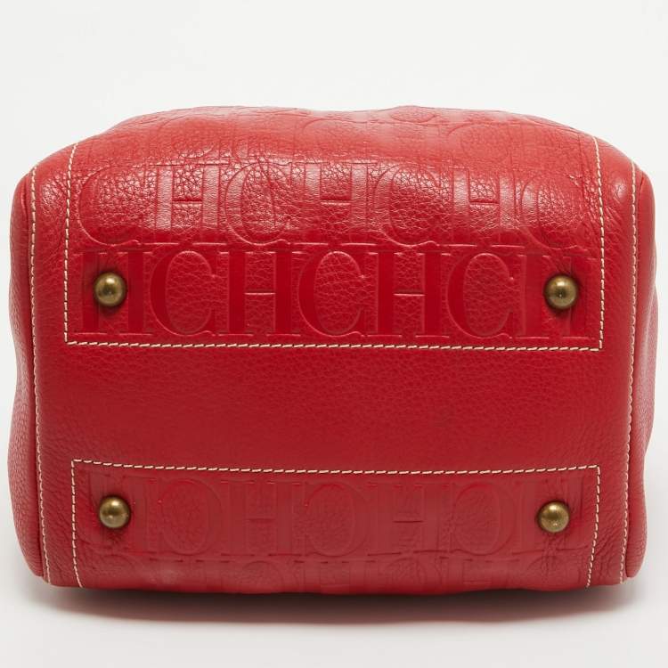 Pre Owned CH Carolina Herrera Red Monogram Embossed Leather Andy Boston Bag