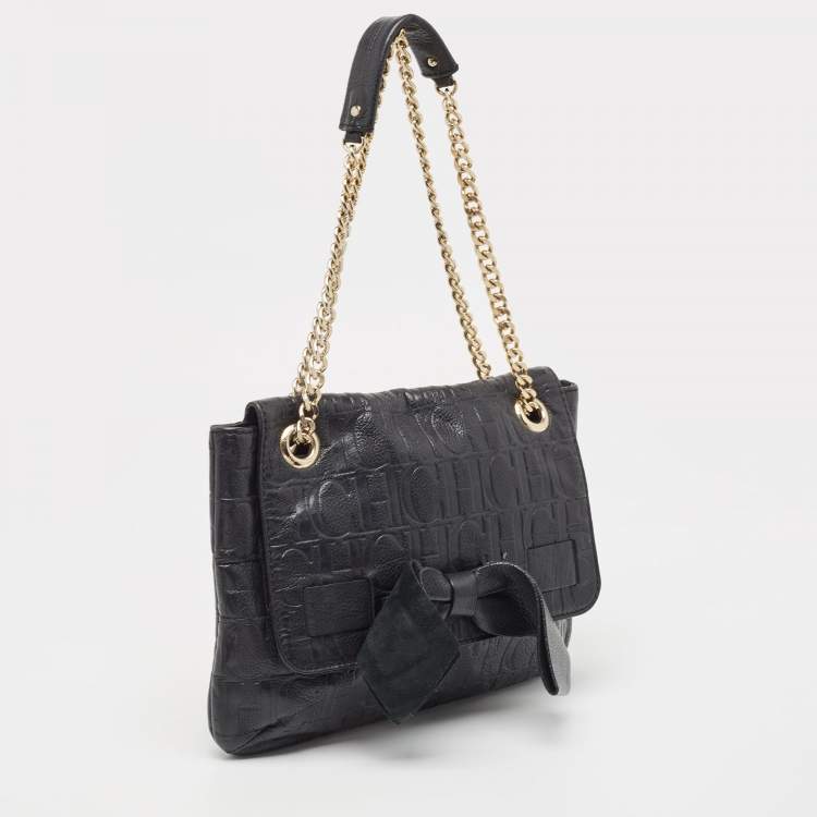 Pre Owned CH Carolina Herrera Black Monogram Leather Audrey Shoulder Bag