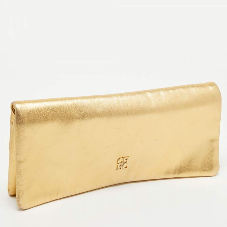 Pre Owned CH Carolina Herrera Gold Leather Clutch