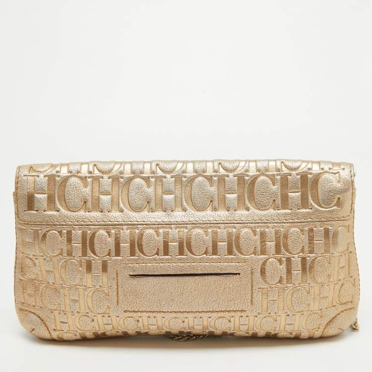 Pre Owned CH Carolina Herrera Gold Monogram Embossed Leather Audrey Shoulder Bag