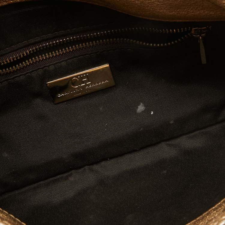 Pre Owned CH Carolina Herrera Gold Monogram Embossed Leather Audrey Shoulder Bag