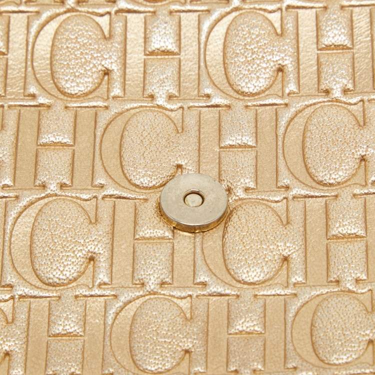 Pre Owned CH Carolina Herrera Gold Monogram Embossed Leather Audrey Shoulder Bag