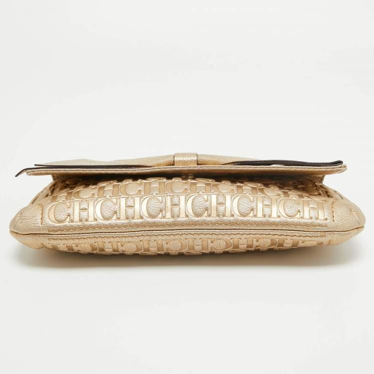 Pre Owned CH Carolina Herrera Gold Monogram Embossed Leather Audrey Shoulder Bag