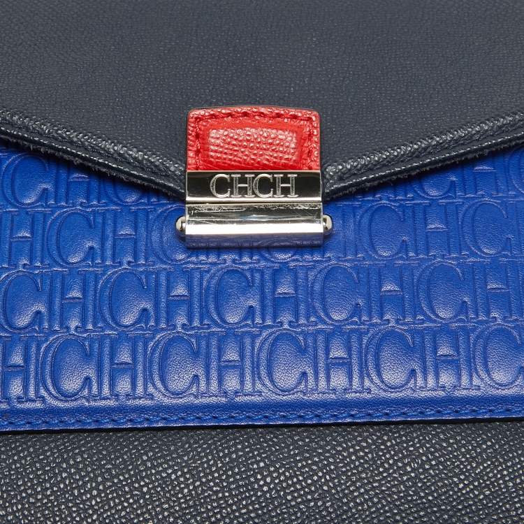 Pre Owned CH Carolina Herrera Two Tone Blue Monogram Leather Top Handle Bag