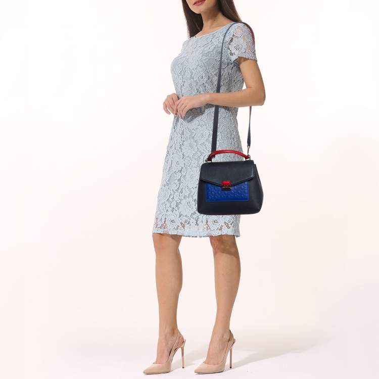 Pre Owned CH Carolina Herrera Two Tone Blue Monogram Leather Top Handle Bag