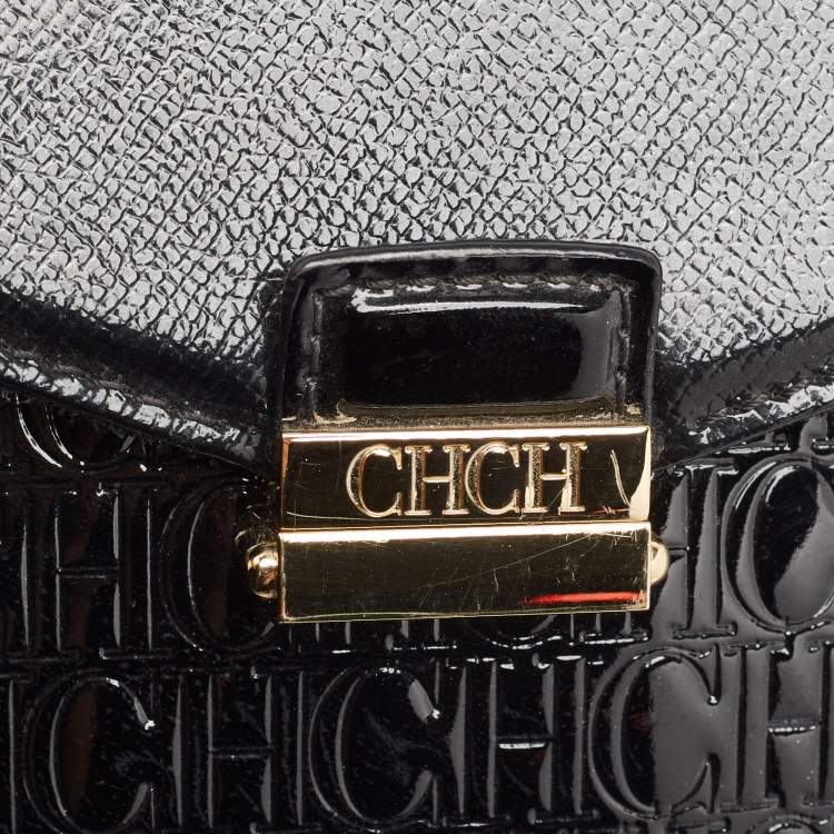 Pre Owned CH Carolina Herrera Black Monogram Embossed Patent Leather Push Lock Flap Top Handle Bag