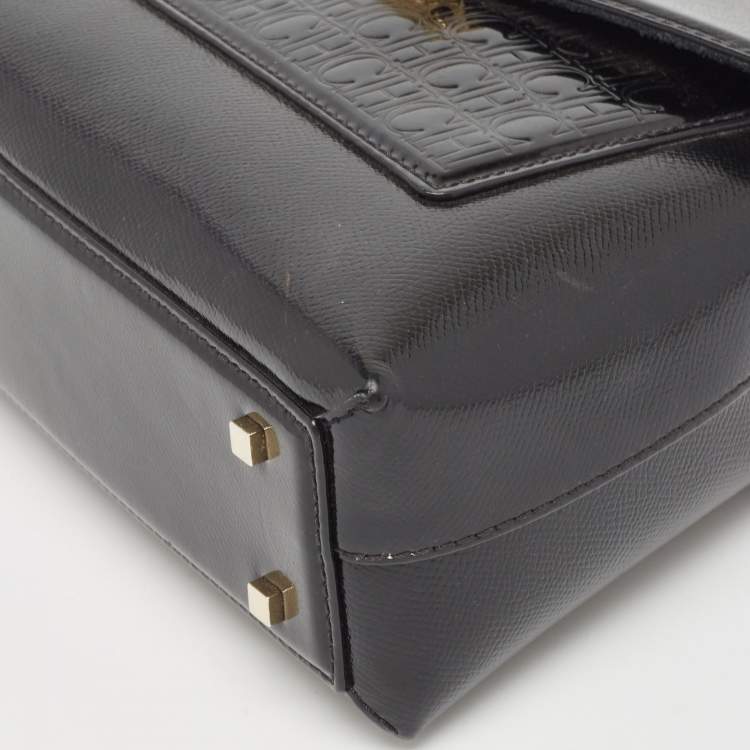 Pre Owned CH Carolina Herrera Black Monogram Embossed Patent Leather Push Lock Flap Top Handle Bag