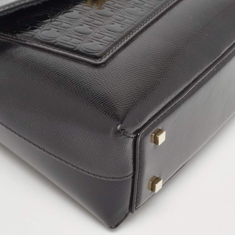 Pre Owned CH Carolina Herrera Black Monogram Embossed Patent Leather Push Lock Flap Top Handle Bag