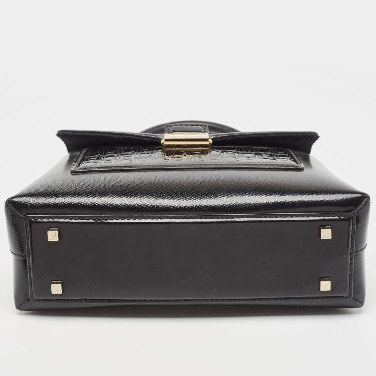 Pre Owned CH Carolina Herrera Black Monogram Embossed Patent Leather Push Lock Flap Top Handle Bag