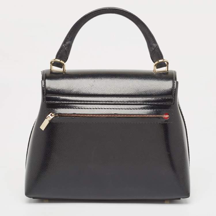 Pre Owned CH Carolina Herrera Black Monogram Embossed Patent Leather Push Lock Flap Top Handle Bag