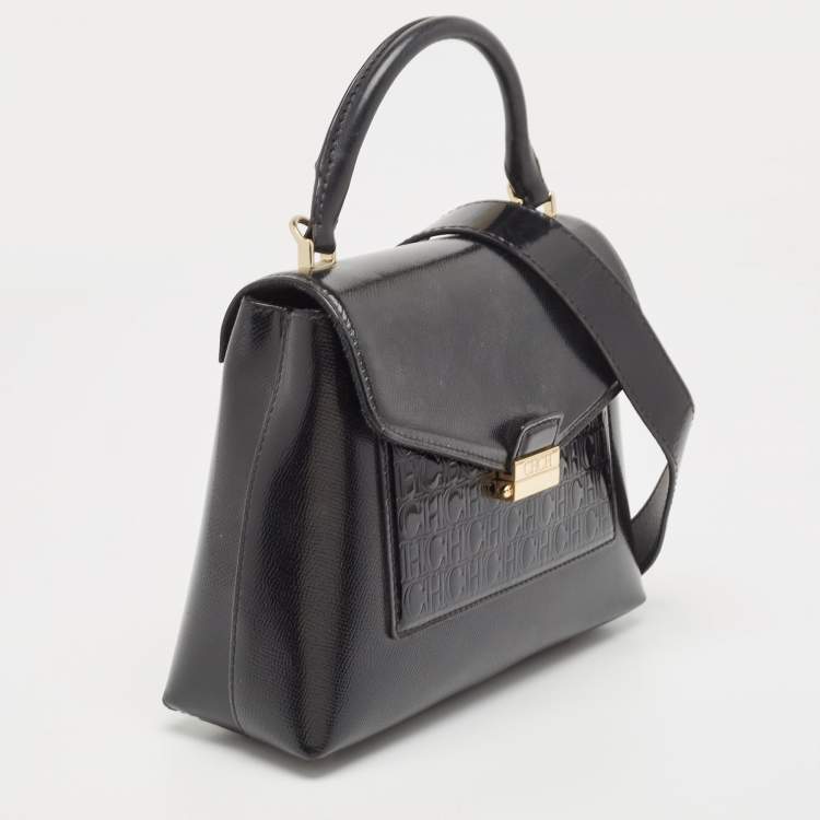 Pre Owned CH Carolina Herrera Black Monogram Embossed Patent Leather Push Lock Flap Top Handle Bag